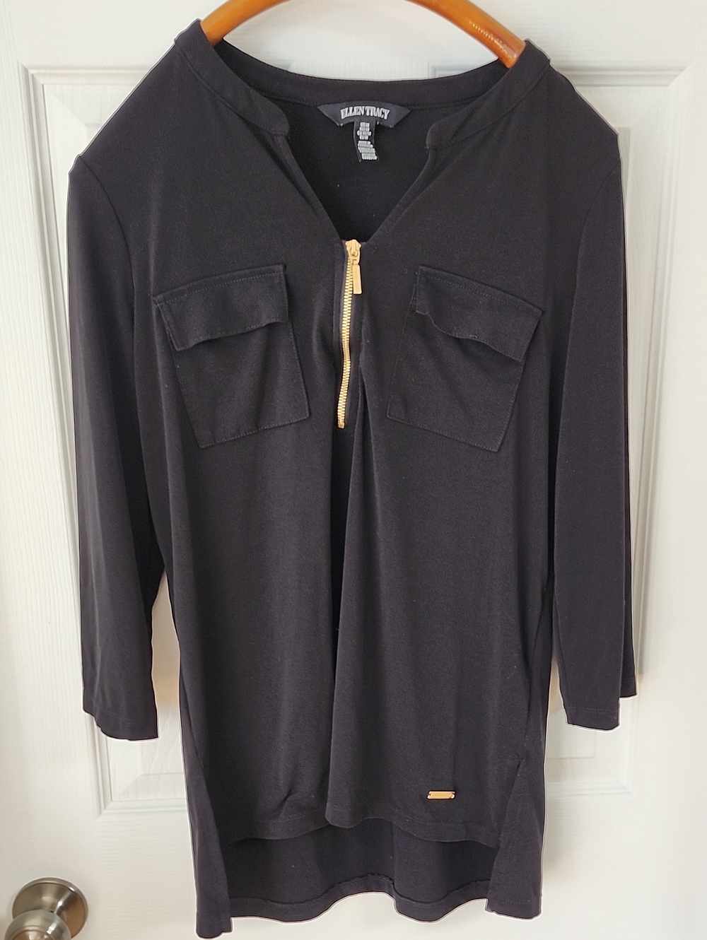 Ellen Tracy Black Long-Sleeve Zip Pocket Top